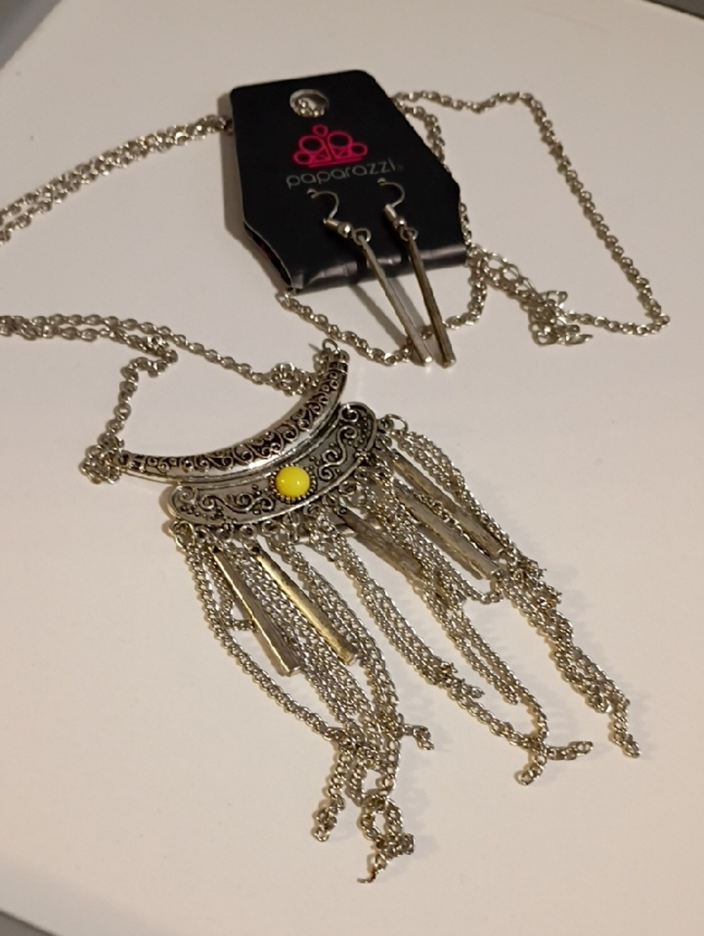 paparazzi Silver Crescent Fringe Necklace with Yellow Stone